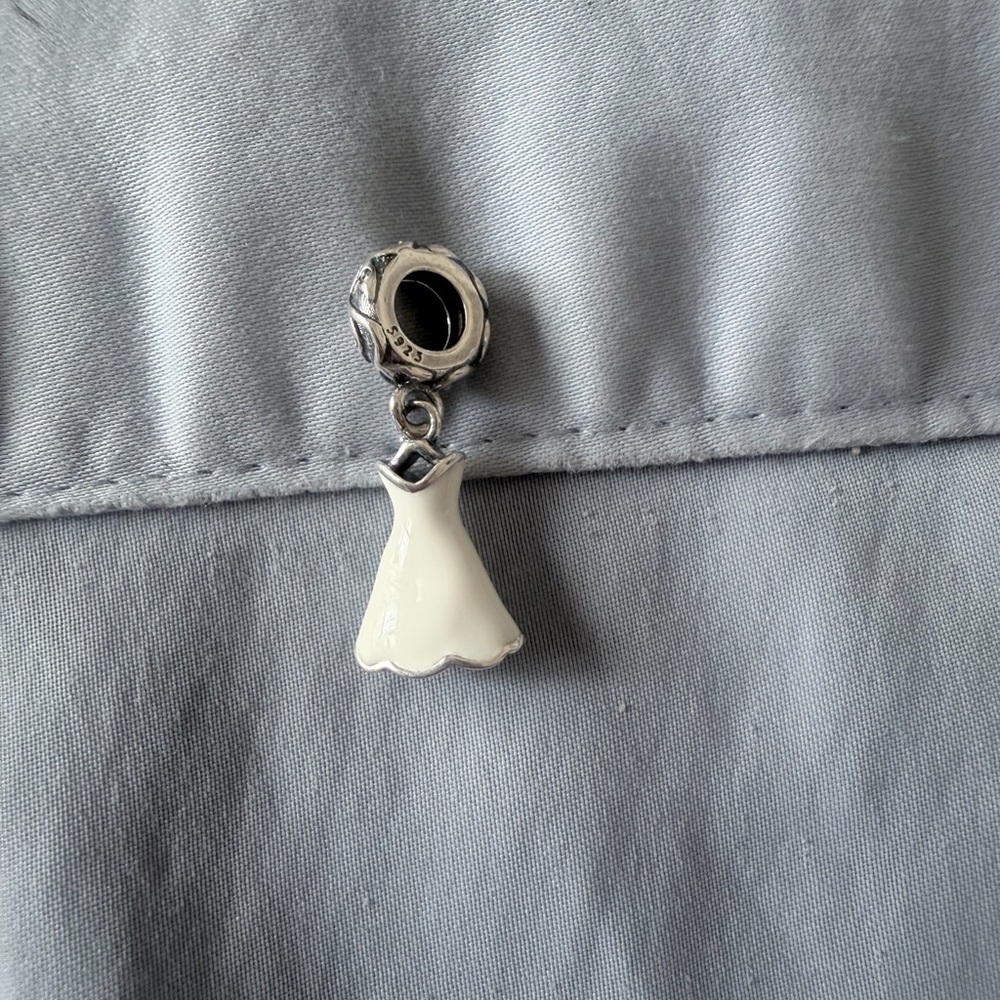 Silver & White Wedding Dress Dangle Charm - Picture 3 of 5
